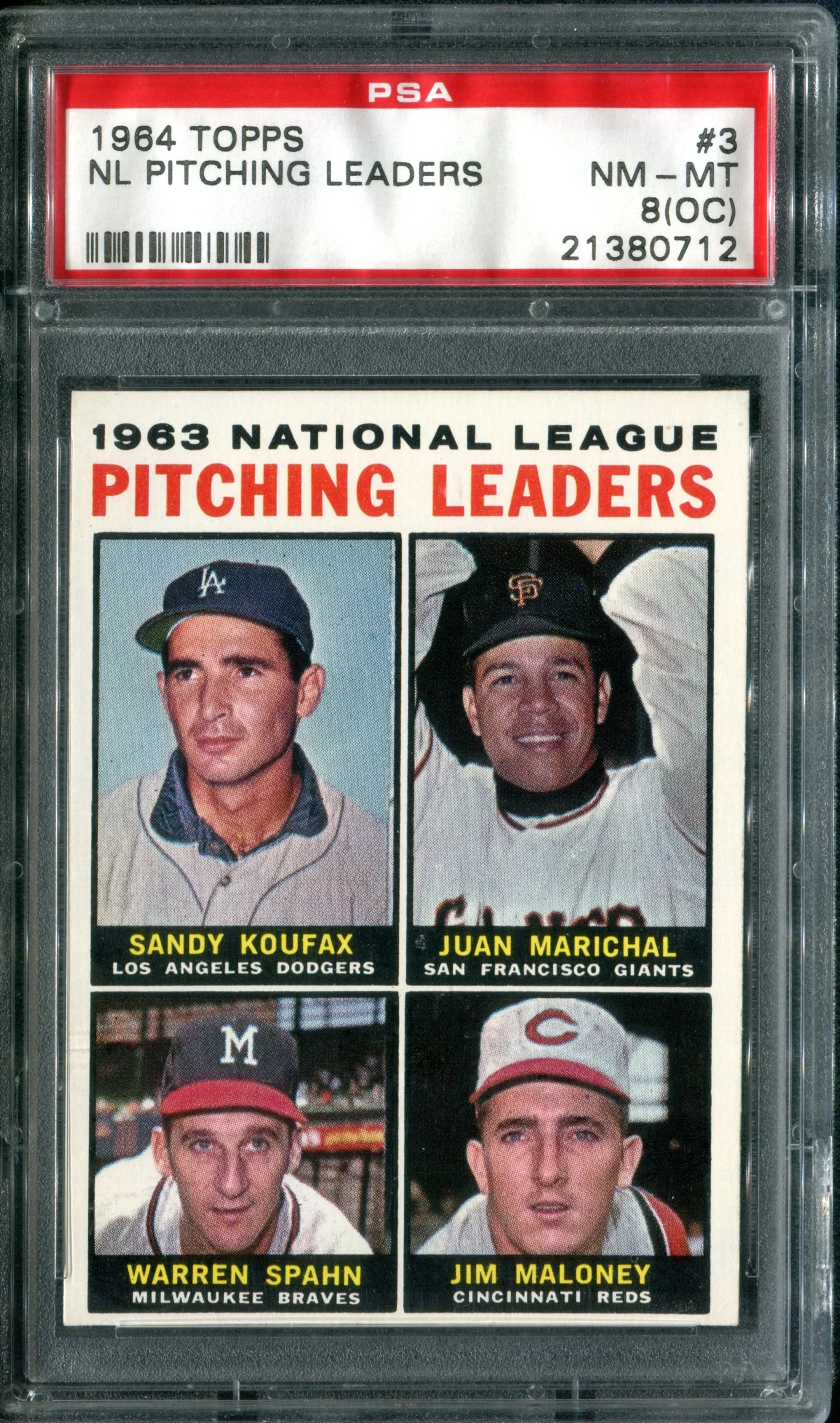 PSA 8 (OC) 1964 Topps #3 NL Pitching Leaders Sandy Koufax Juan Marichal Warren Spahn Jim Maloney - Northwest Sportscards